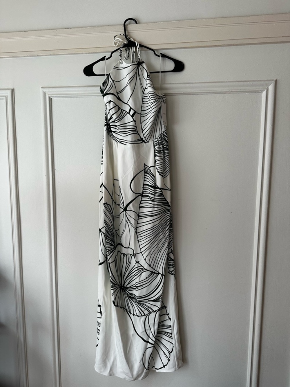 REISS White Halter Maxi Dress with Green Floral Line Print
